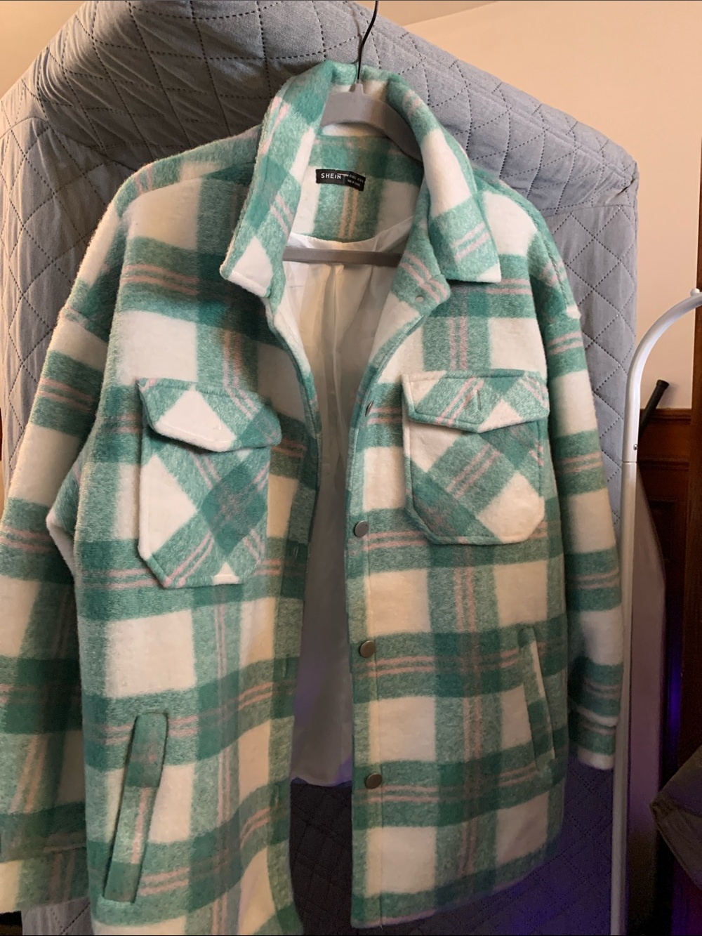 SHEIN Green & White Plaid Utility Shacket